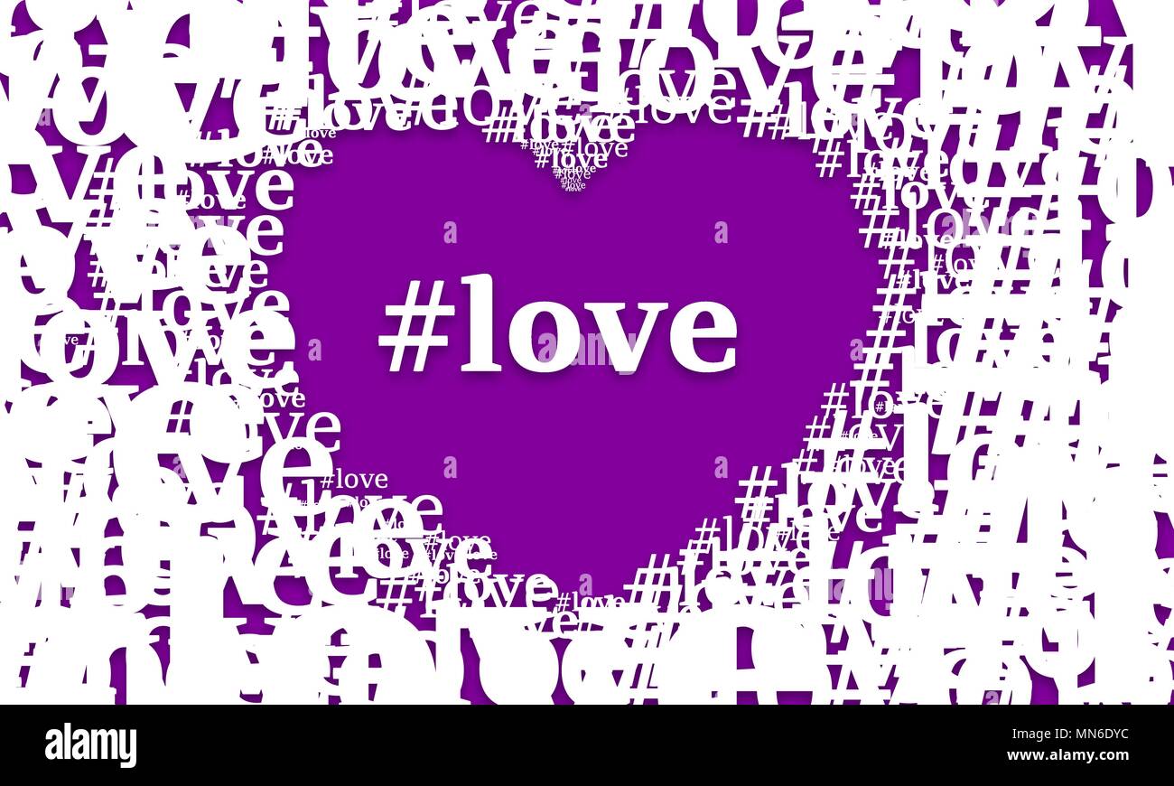 Hashtag love in heart shape on lilac background symbol of much