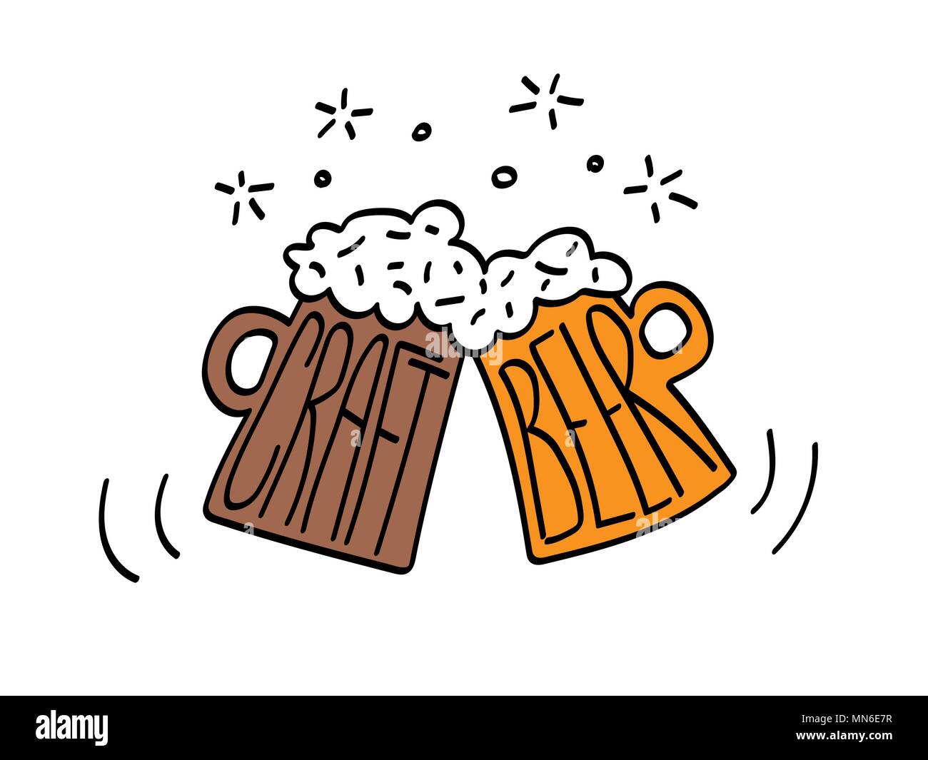 Clinking two mugs with craft beer. Funny vector illustration Line style
