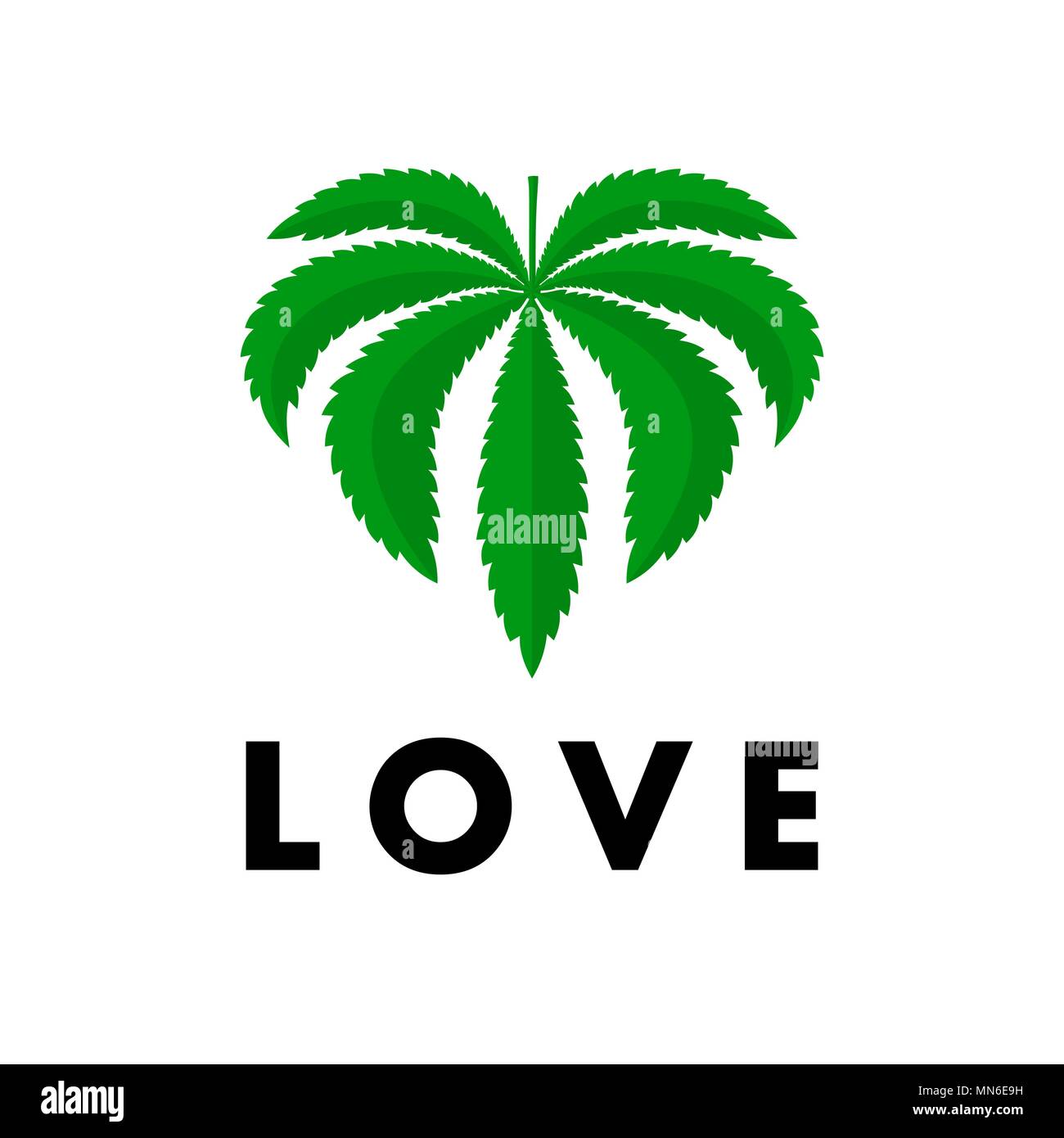 Leaf of marijuana with inscription Love on white isolated background Stock Vector