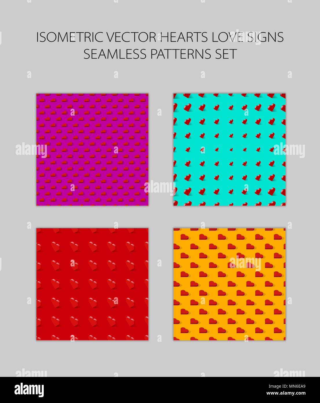 Isometric hearts seamless pattern set vector pink blue red orange background Stock Vector