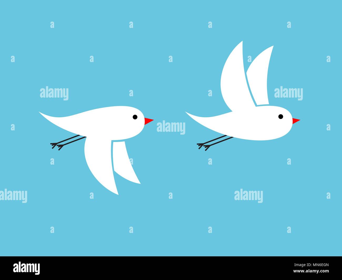 White birds flying on blue background waving their wings up down Stock Vector
