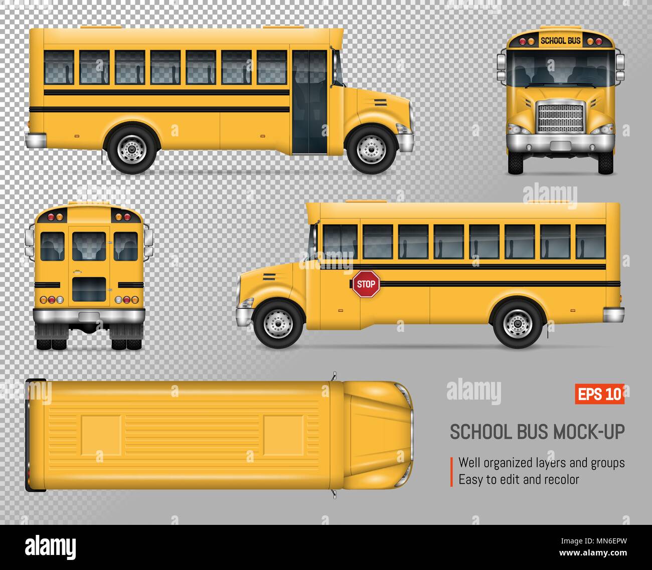 Download School Bus Vector Mock Up Isolated Template Of Yellow Autobus On Transparent Background Vehicle Branding Mockup View From Side Front Back And Top Stock Vector Image Art Alamy
