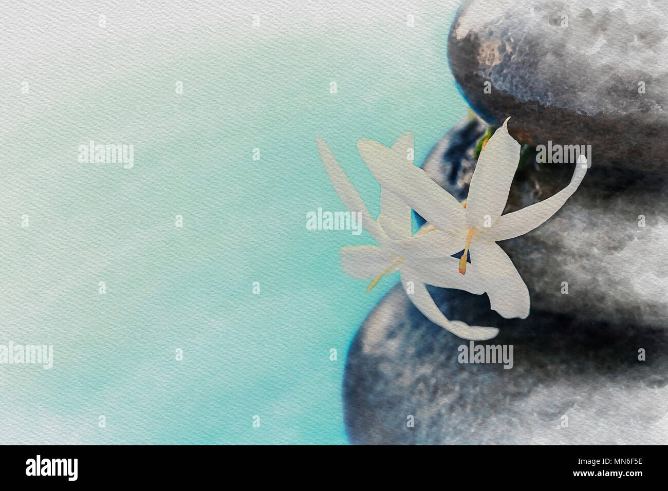 Digital Watercolor Painting Vintage style Zen meditation background, balanced stones with white flower stack under the water Stock Photo