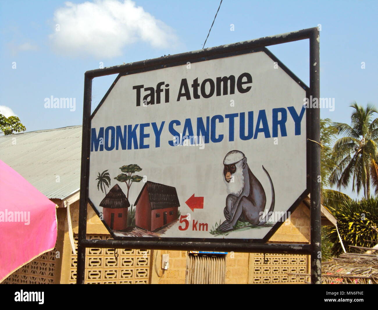 Drawn sign for Tafi Atome Monkey Sanctuary, Community-based Ecotourism. Stock Photo