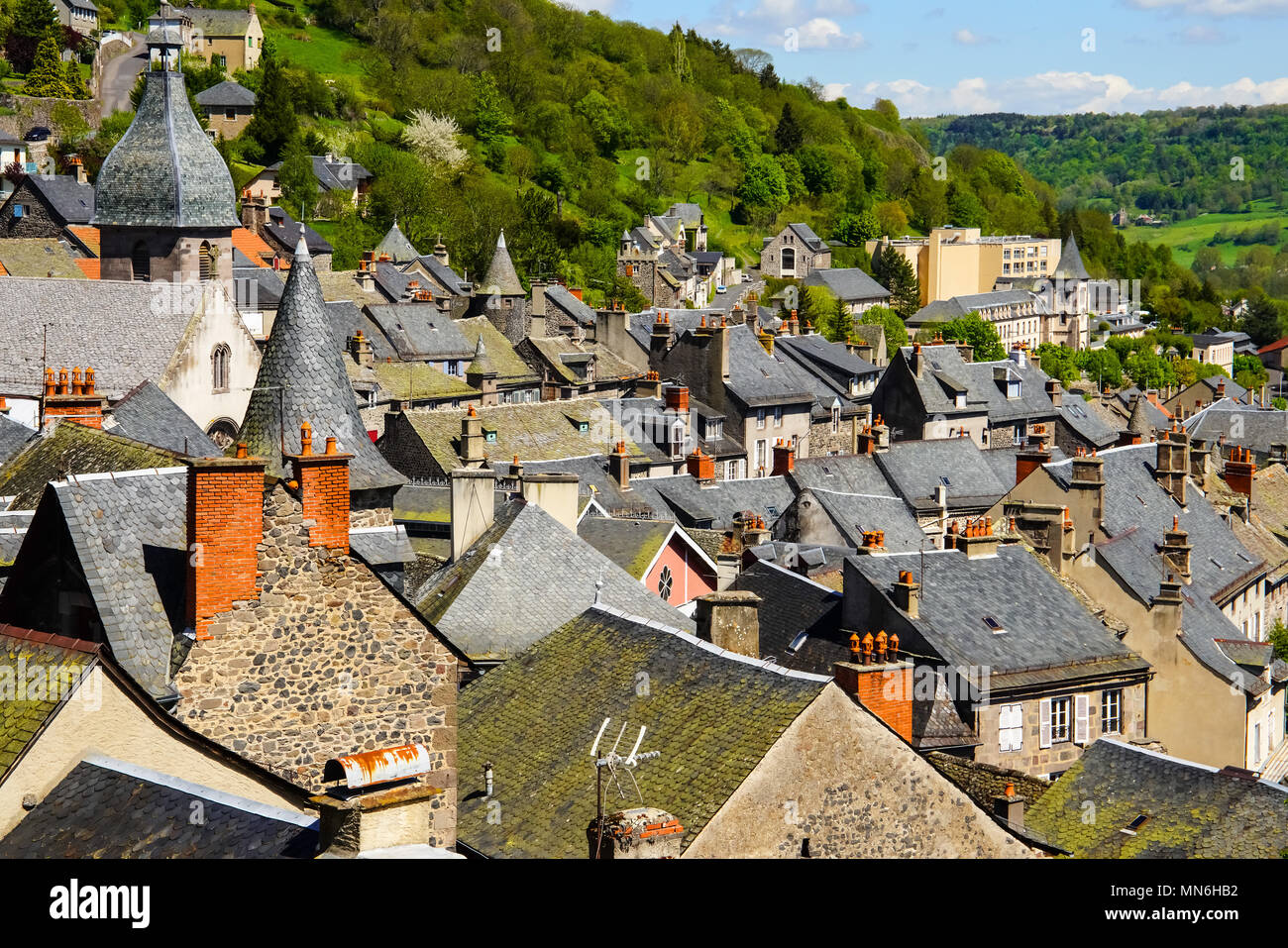 Elevated view of Murat, commune in the Cantal department in the Auvergne region in south-central France. Stock Photo