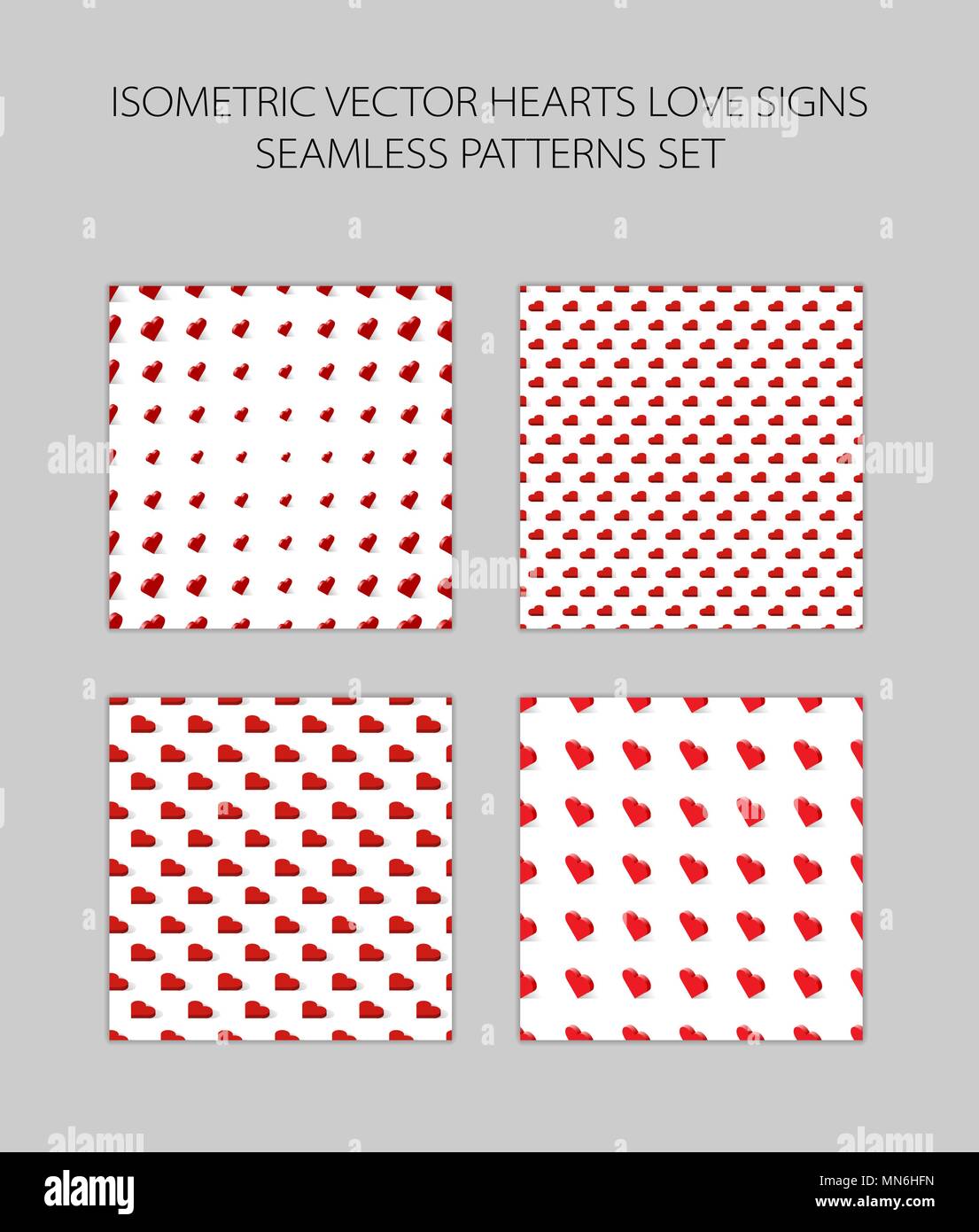 red Hearts in isometric view. Seamless pattern. Four options. Stock Vector