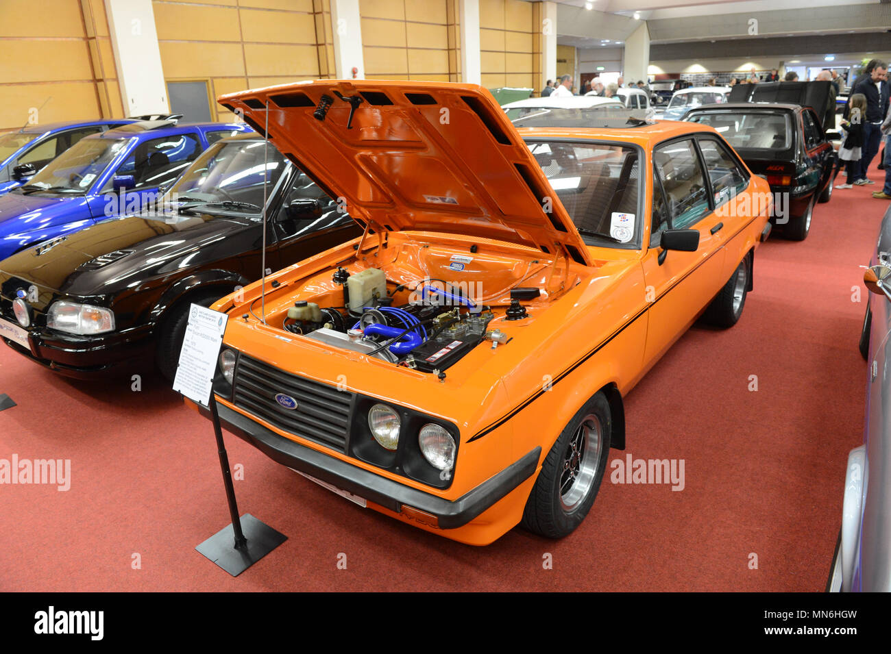 Orange Ford Escort RS2000 mk 2 at Shetland Classic Car show with the bonnet open Stock Photo