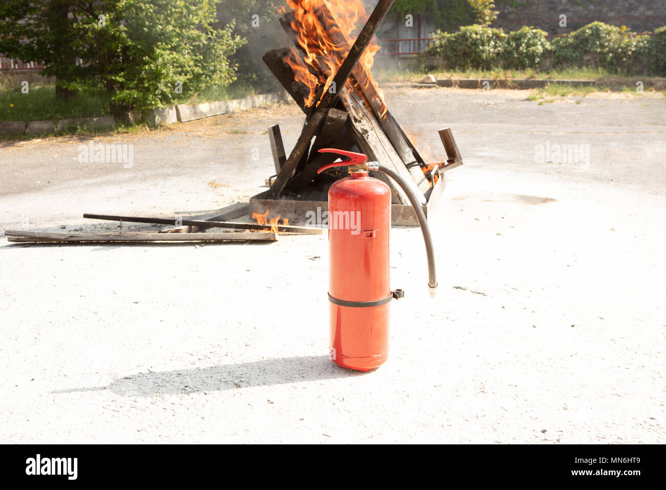 Basic Fire Fighting and Evacuation Fire Drill Simulation Training For Safety in Condominium or Factory Stock Photo