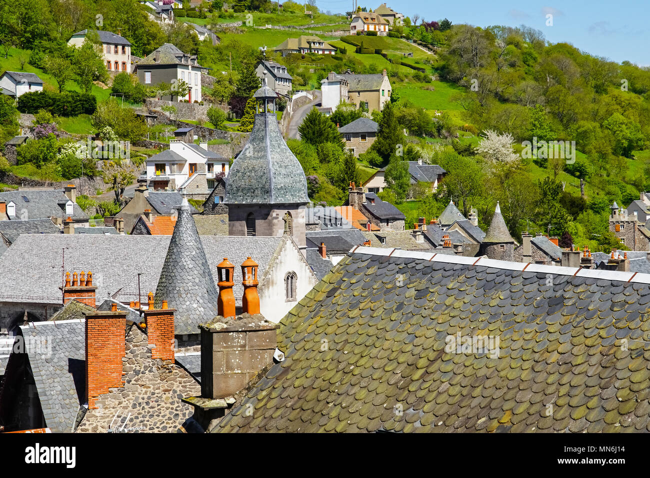 Elevated view of Murat, commune in the Cantal department in the Auvergne region in south-central France. Stock Photo