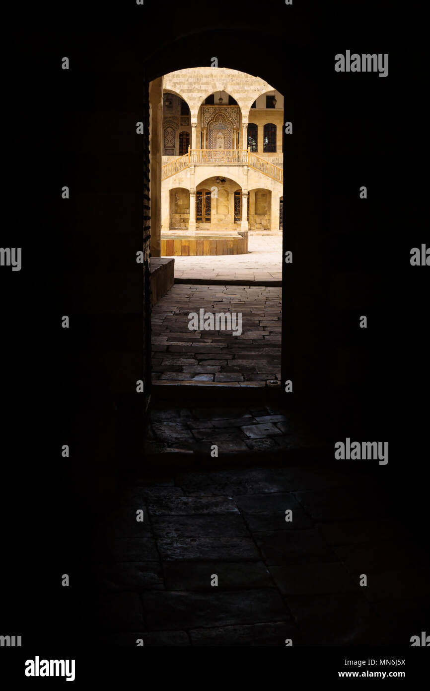 View trough entrance tunnel at Emir Bachir Chahabi Palace Beit ed-Dine in mount Lebanon Middle east, Lebanon Stock Photo