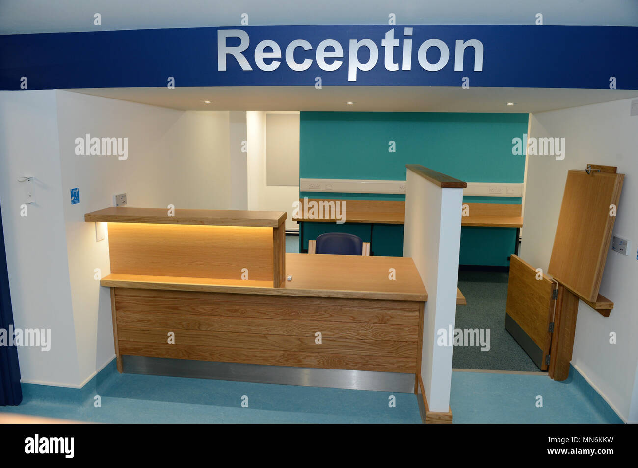 Inside a deserted NHS waiting room and doctors surgery Stock Photo