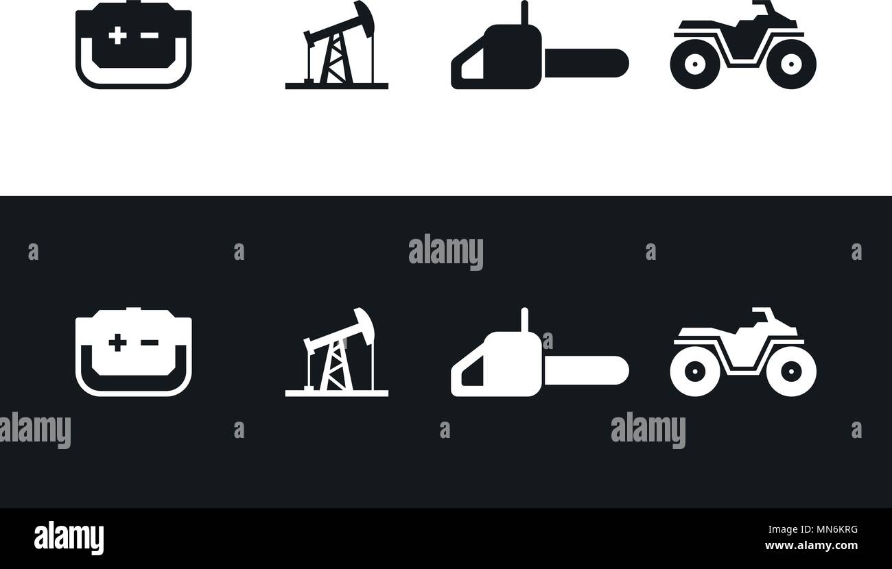 Icons generator, chainsaw, ATV, oil rocking in black and white. Set Stock Vector