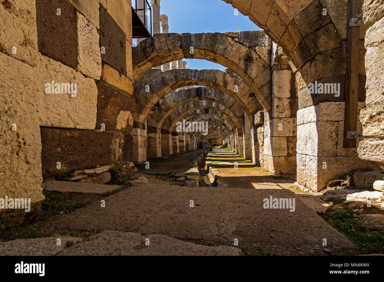 At the center of the ancient city of Smyrna Agora, the grid in this area covers a rectangular area in accordance with the city plan. The courtyard are Stock Photo