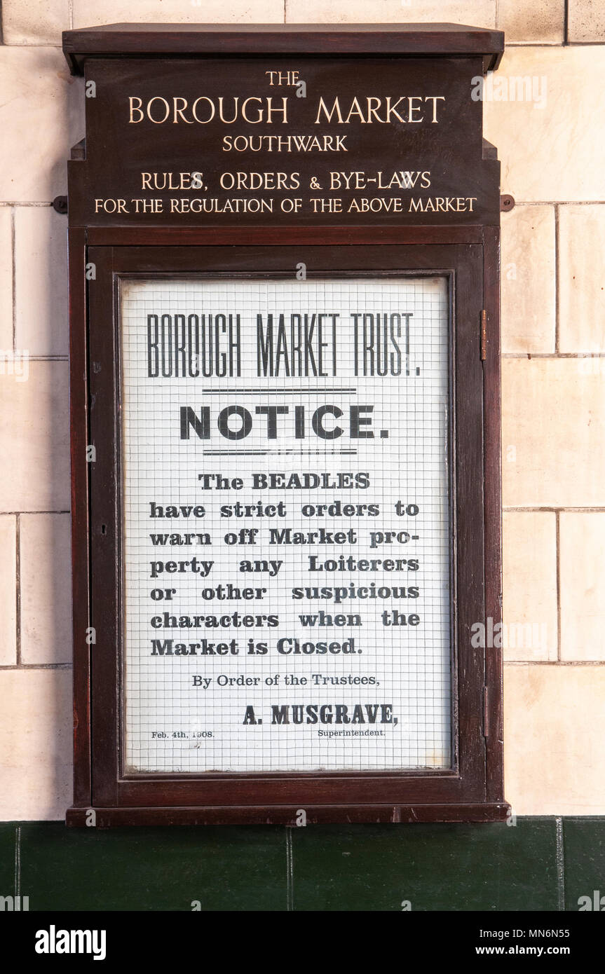 Sign warning that loiterers or other suspicious characters will be warned off at the Borough Market, Southwark, London. Stock Photo