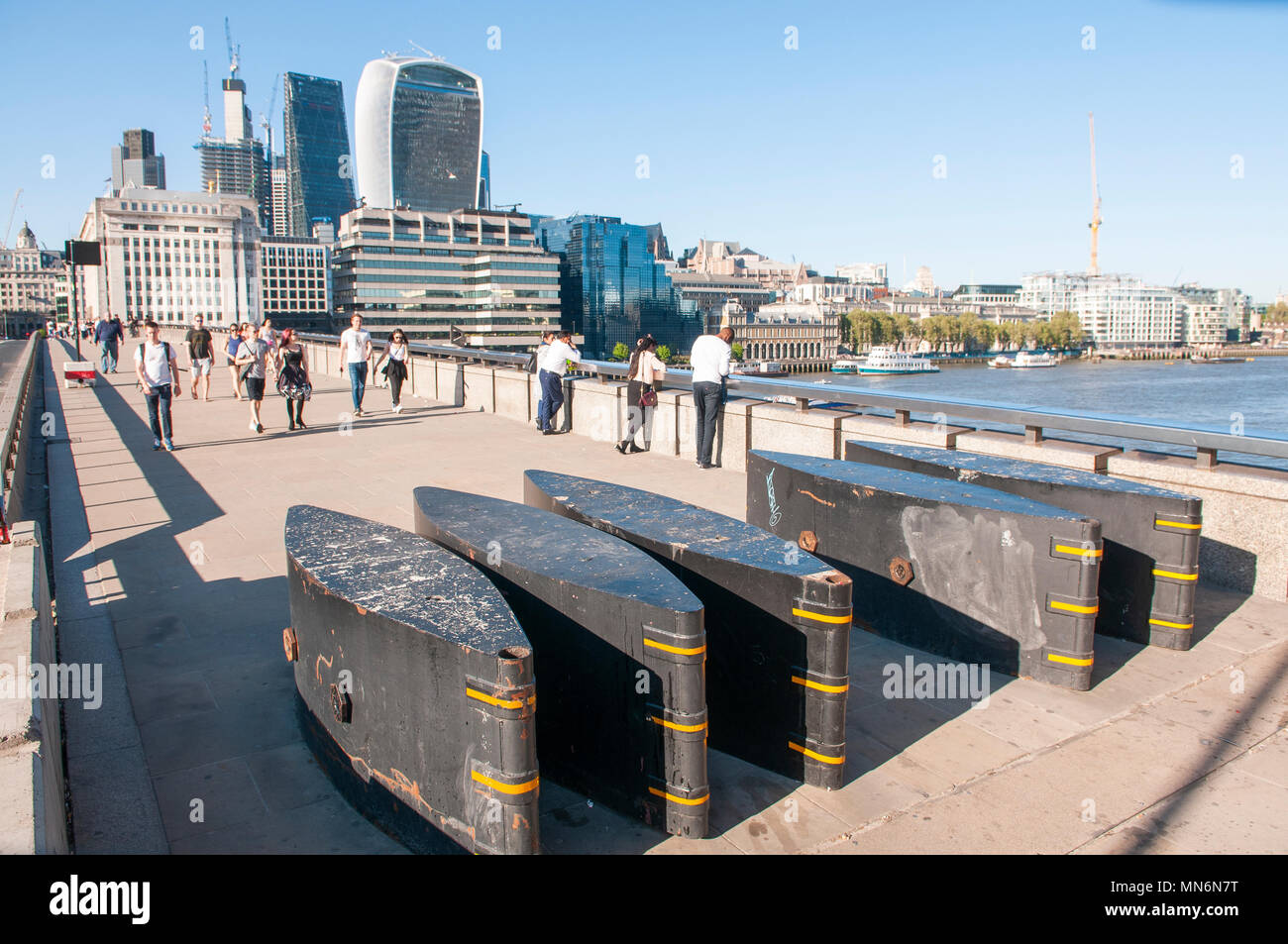 Heavy defensive metal bollards on the footpath at London Bridge, put in place after the London Bridge terrorist attack of 01/06/2017 Stock Photo