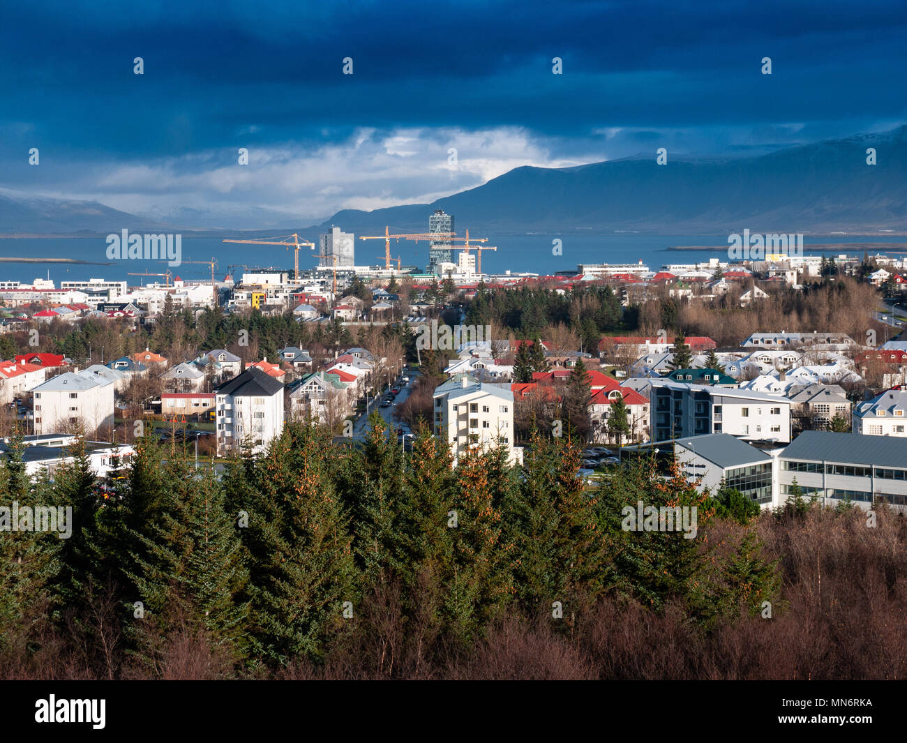 View of city of Reykjavik from Perlan restaurant on water towers, Reykjavik, Iceland Stock Photo