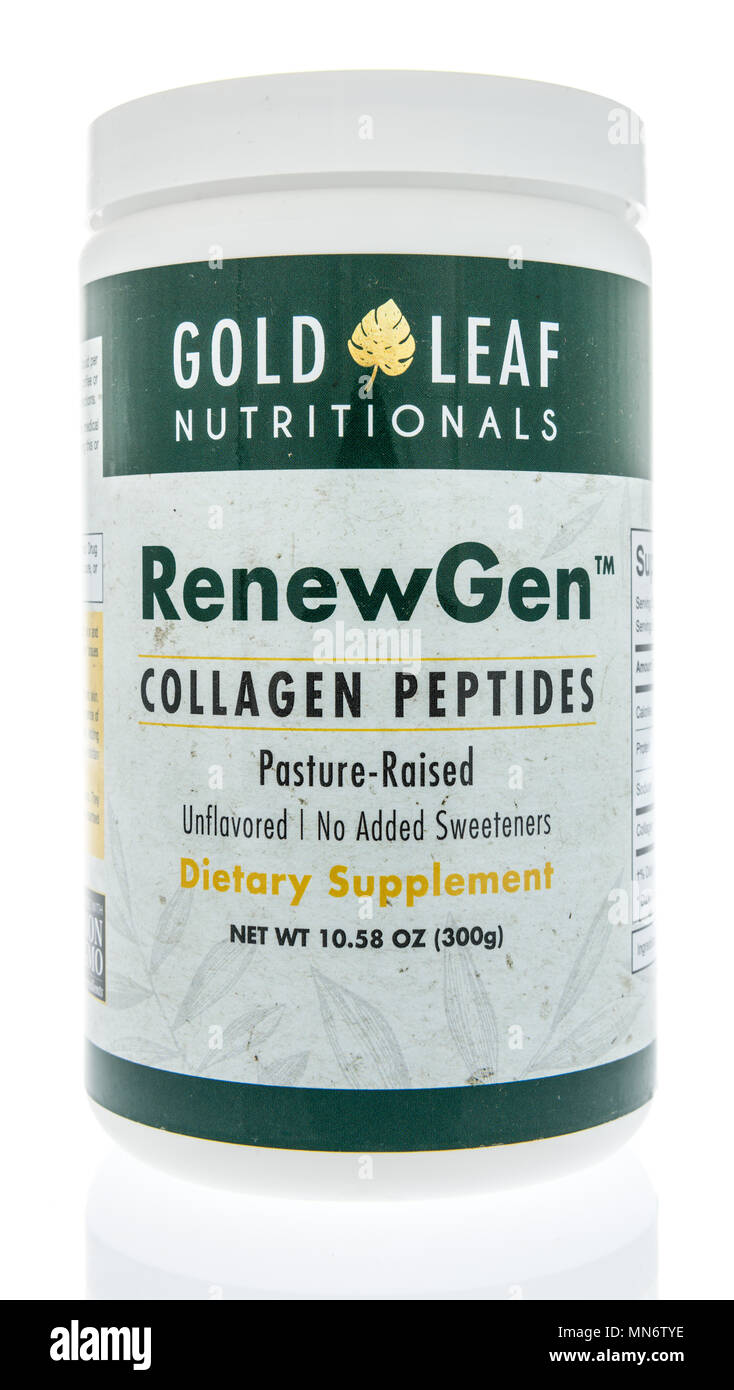 Winneconne, WI -  21 April 2018: A bottle of Gold Leaf nutritionals renewgen collagen peptides supplement on an isolated background. Stock Photo