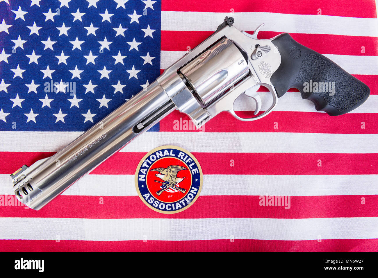 Winneconne, WI - 2 May 2018:  A NRA sticker with a big revolver on an Amercian flag Stock Photo