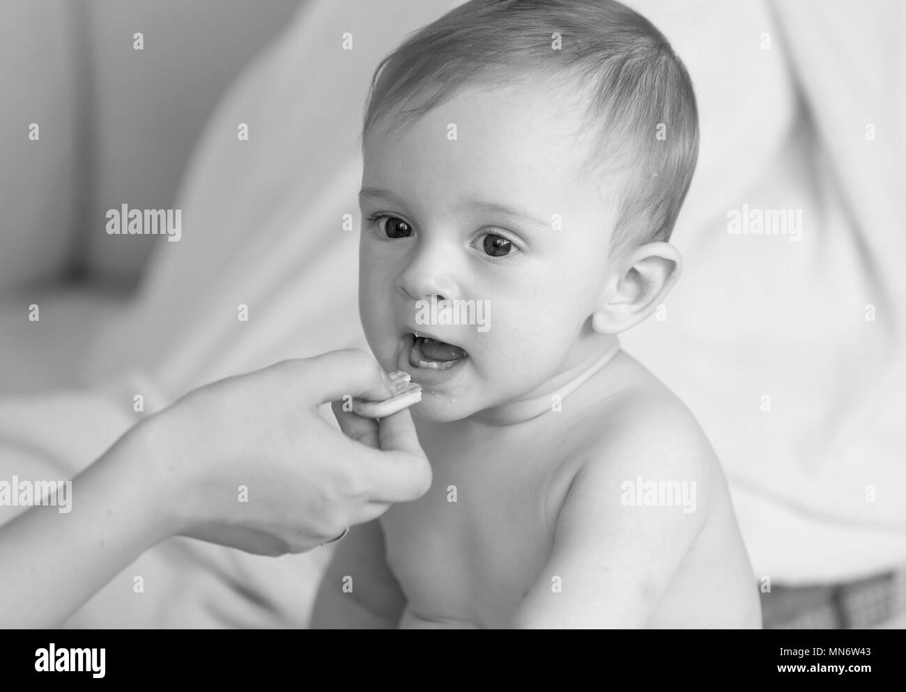Black and white closeup portrait of mother giving cookies to her baby son Stock Photo