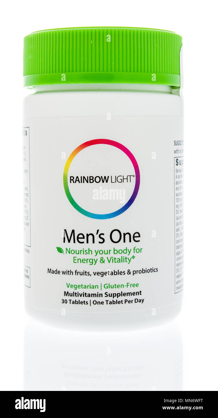 Winneconne, WI - 10 May 2018:  A bottle of Rainbow Light men's one multivitamin supplement on an isolated background Stock Photo
