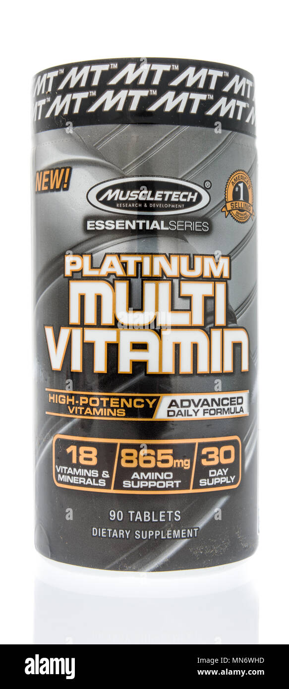 Winneconne, WI - 10 May 2018:  A bottle of Muscletech platinum multivitamin supplement on an isolated background Stock Photo