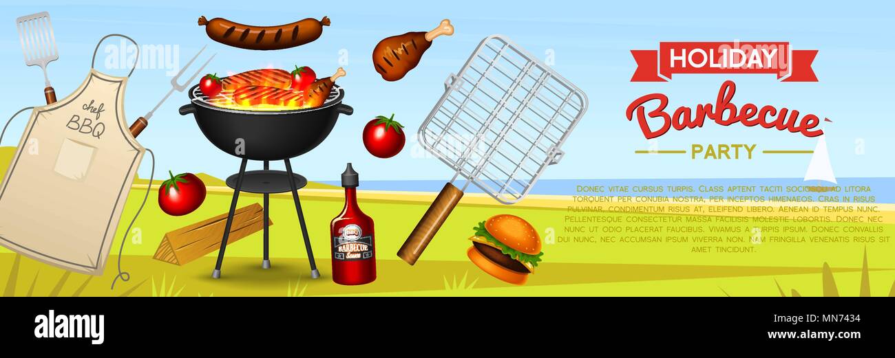 Barbecue grill elements set isolated on red background. BBQ party ...