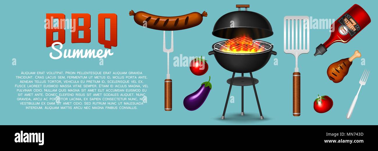 Barbecue grill elements set isolated on red background. BBQ party ...
