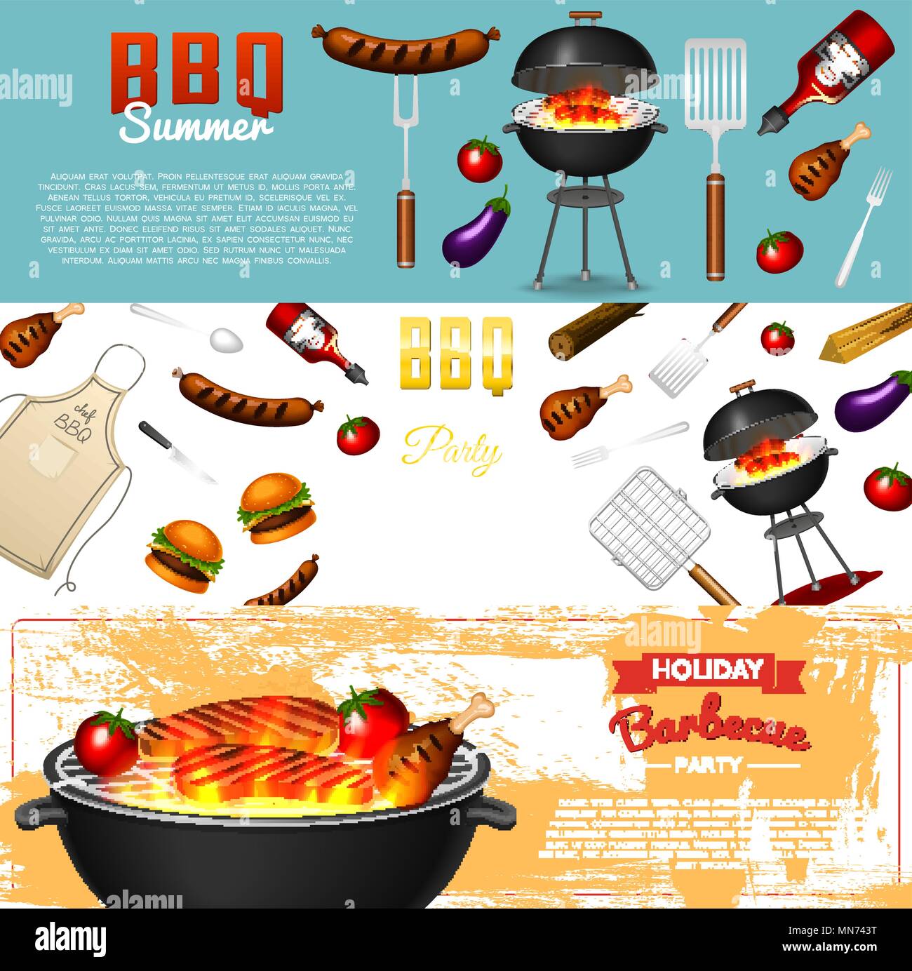 Barbecue grill elements set isolated on red background. BBQ party poster.  Summer time. Meat restaurant at