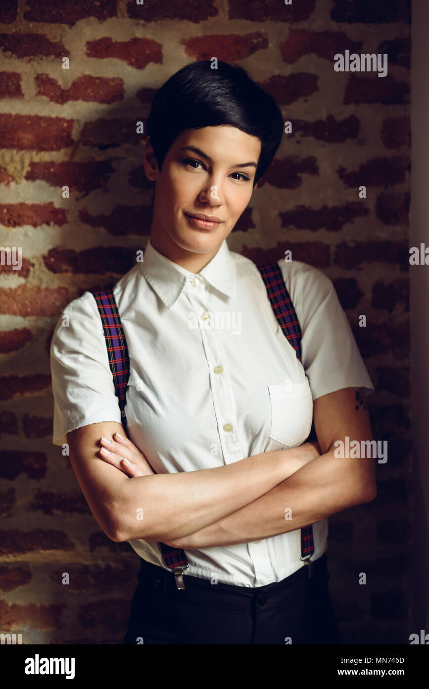 Beautiful Young Woman Model Of Fashion With Very Short Haircut