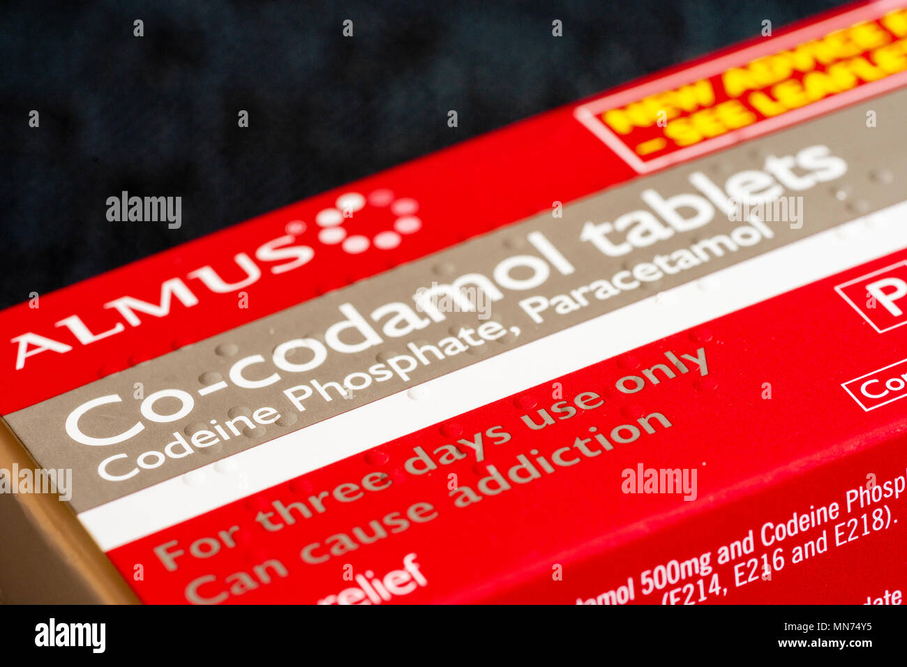 Close up of a red packet of Co-codamol tablets, over the counter tablets/ medication containing codeine and paracetamol, UK, 2018 Stock Photo
