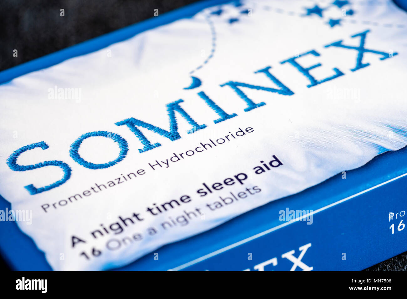 A STOCK PHOTO Close up of a blue packet of 16 Sominex tablets, an over the counter sleep aid with the active ingredient Promethazine Hydrochloride Stock Photo