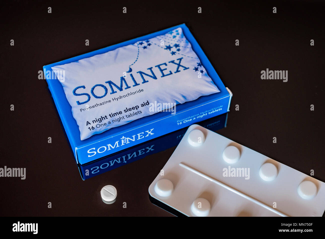 THIS IS A STOCK PHOTO A blue packet of 16 Sominex tablets, an over the counter sleep aid with the active ingredient Promethazine Hydrochloride Stock Photo