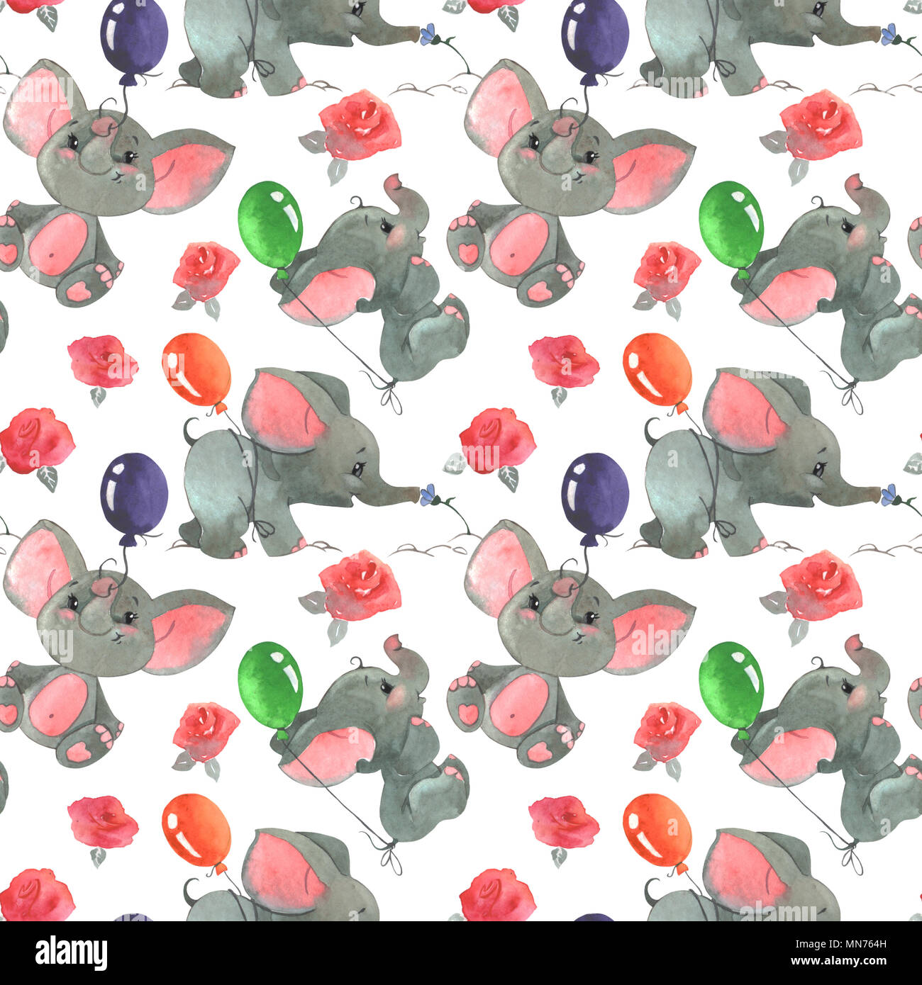 Roses flowers and buds with cute elephants with baloons seamless pattern background Stock Photo