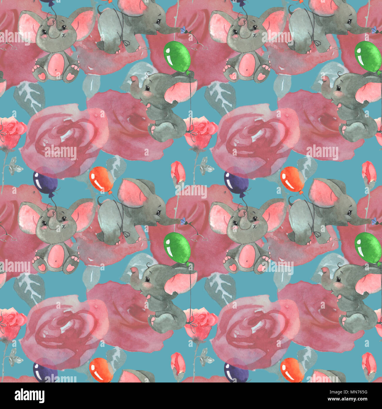 Roses flowers and buds with cute elephants with baloons seamless pattern background Stock Photo