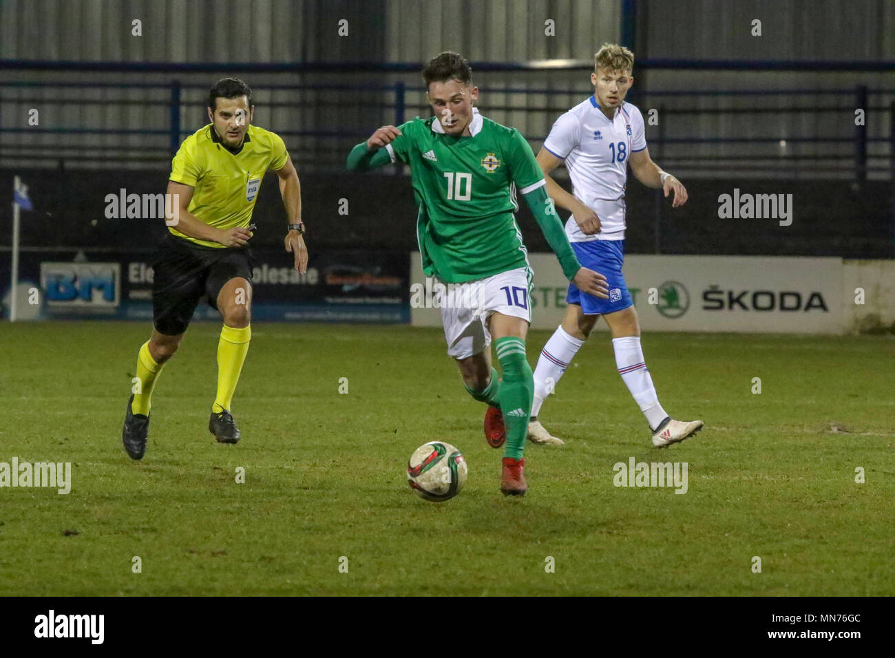Jordan Thompson playing for the Northern Ireland Under 21 team against Iceland at Coleraine Showgrounds on 26 March 2018. International football - 2019 UEFA Under 21 Championship Qualifier - Group 2 - Northern Ireland 0 Iceland 0. Stock Photo