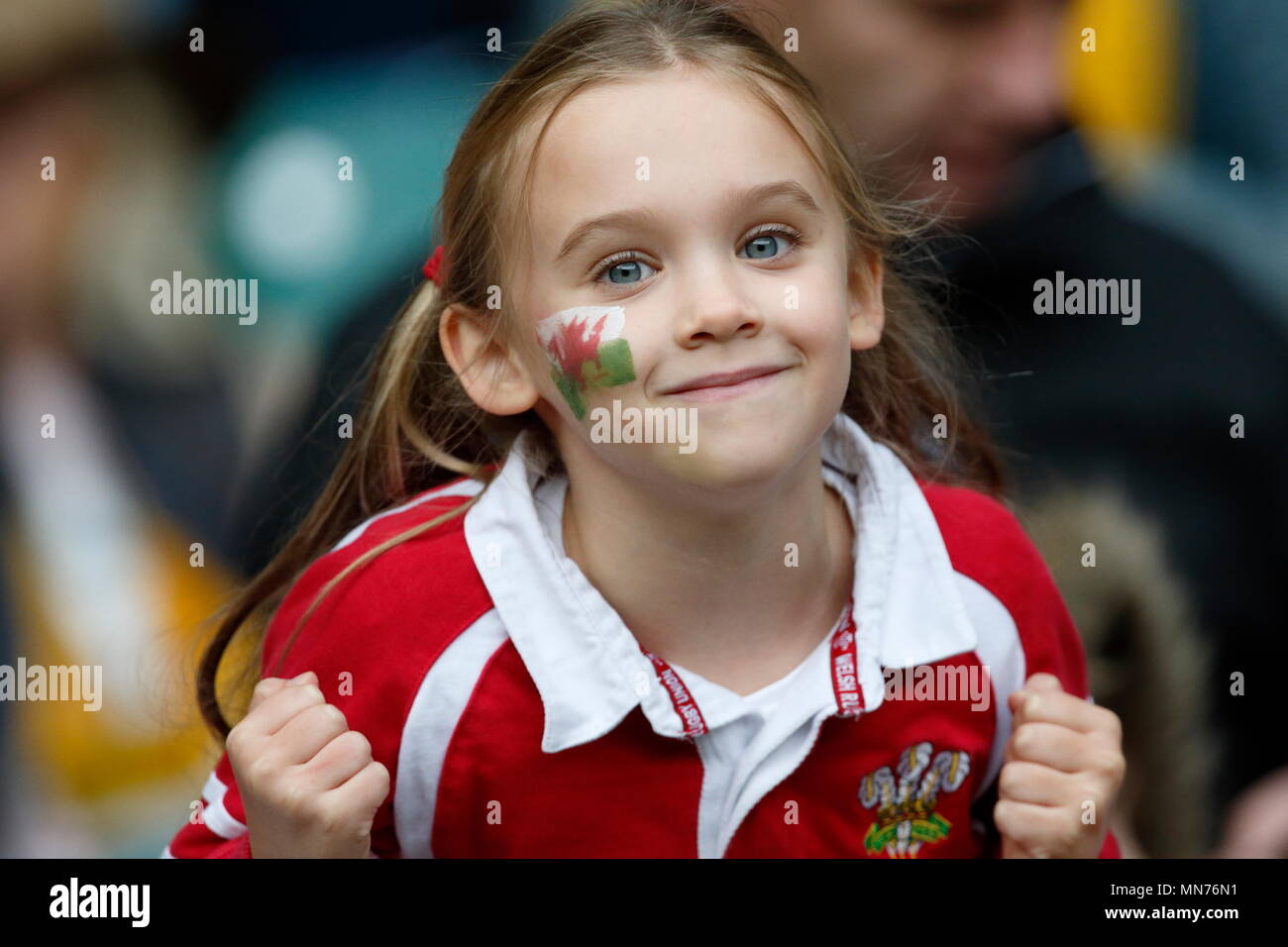 Fans of Wales in the crowd during the IRB RWC 2015 match between Wales v Australia - Pool A Match 35 at Twickenham Stadium. London, England. 10 October 2015 Stock Photo