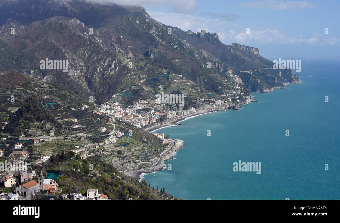 View of the Amalfi Coast including the village of Maiori from Ravello ...