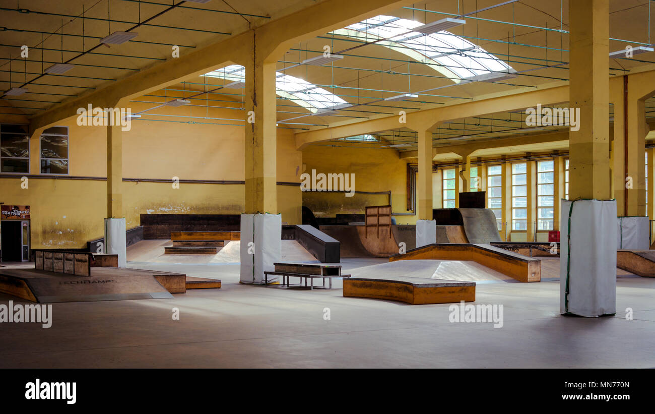 Urban Industrial Centre Used as an Indoor Skate Park with Ramps, Funbox,  Beams, Steps, Jumps - Wroclaw (Wrocław) Poland Stock Photo - Alamy