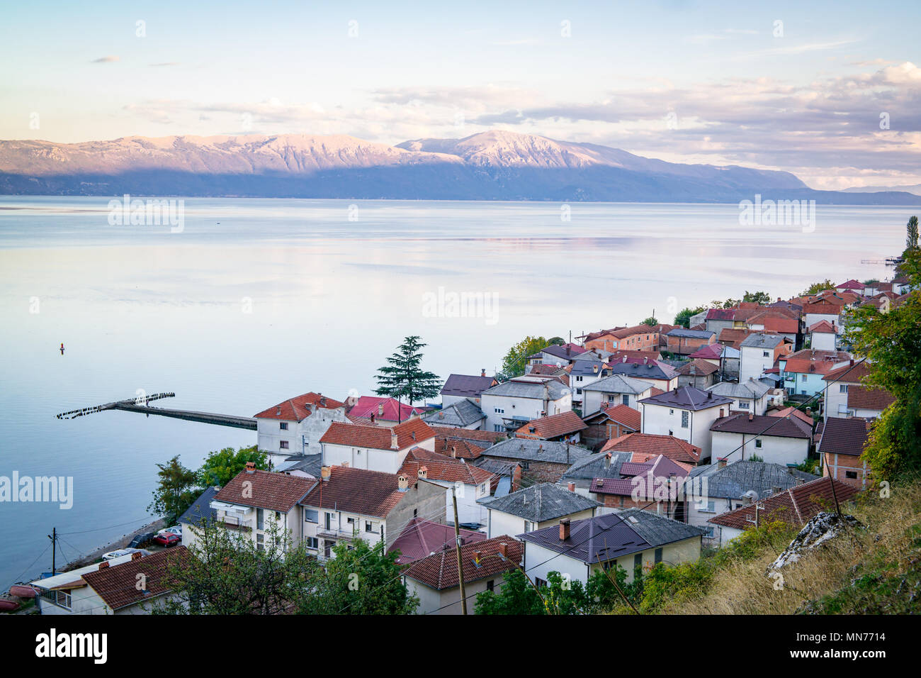 Mountains, Serene Lake Ohrid & Small Traditional Fishing Village from Above - Radožda, Municipality of Struga, FYROM Macedonia, Balkans Stock Photo