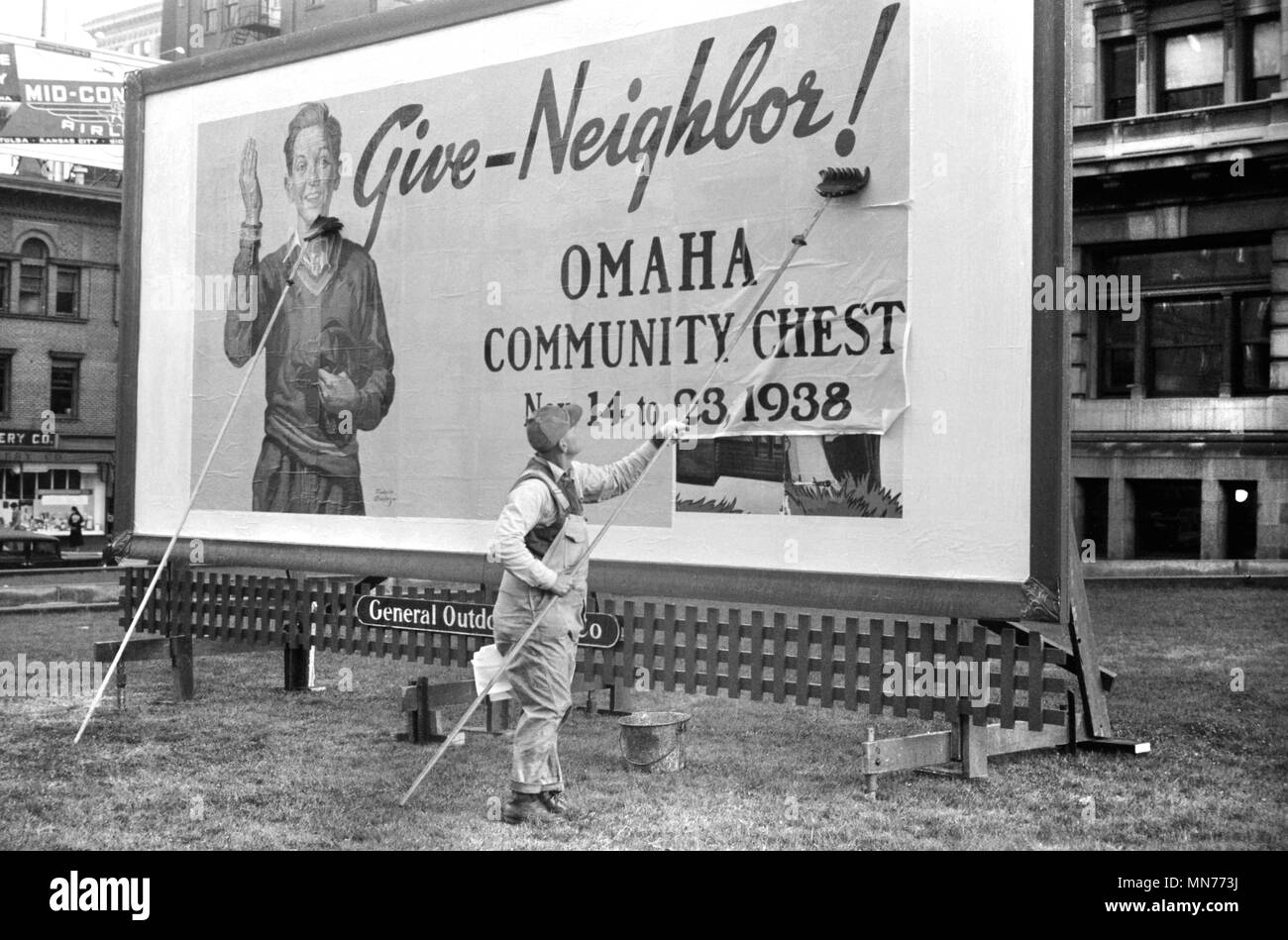 Billboard on Courthouse Lawn, Omaha, Nebraska, USA, John Vachon for Farm Security Administration, November 1938 Stock Photo
