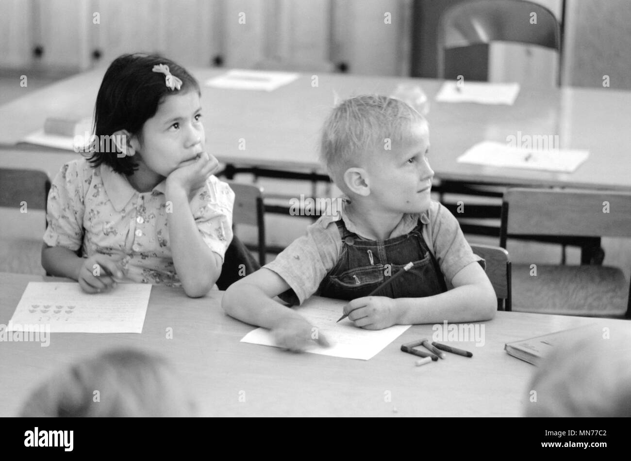 Two Children of Migratory Workers in Elementary School Classroom at FSA Camp, Weslaco, Texas, USA, Arthur Rothstein for Farm Security Administration, February 1942 Stock Photo