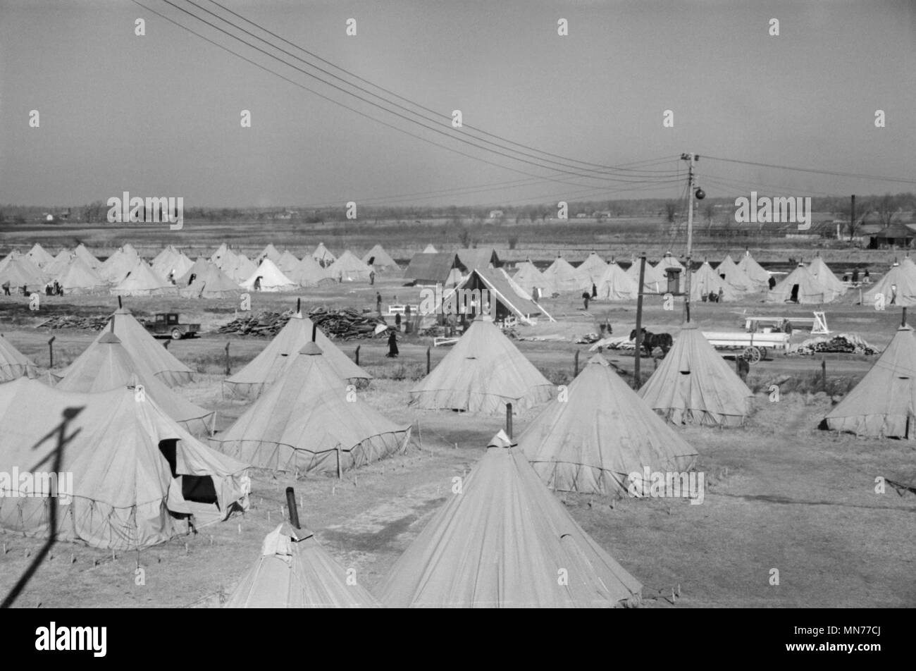 Tents for Flood Refugees, Forrest City, Arkansas, USA, Edwin Locke for U.S. Resettlement Administration, February 1937 Stock Photo