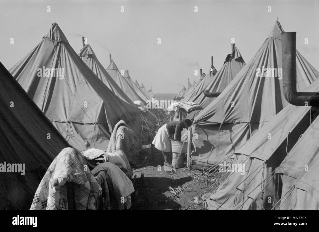 Street of Tents for Flood Refugees, Forrest City, Arkansas, USA, Edwin Locke for U.S. Resettlement Administration, February 1937 Stock Photo