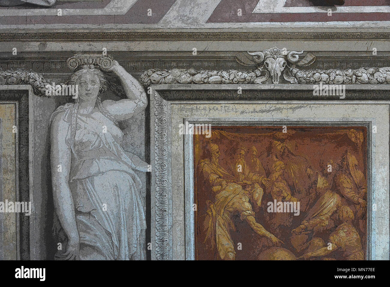 Detail, grisaille (monochrome) painting of a caryatid, mimicking marble sculpture, surrounding false 'bronze' relief (rendered in PS), Rome, Italy Stock Photo