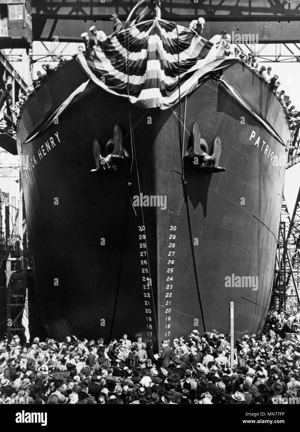 Launching Ceremony of Liberty Ship SS Patrick Henry, the first U.S. Mass-Produced Cargo Ship during WWII, Bethlehem-Fairfield Shipyard, Baltimore, Maryland, USA, Office of War Information, September 27, 1941 Stock Photo