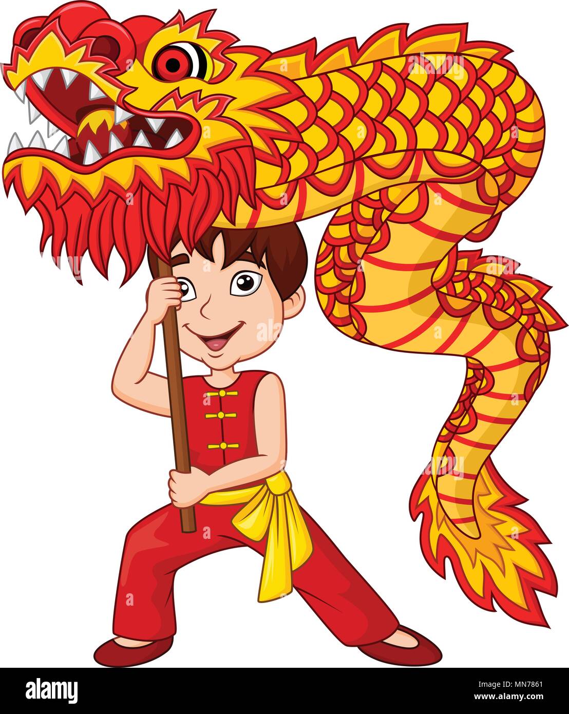 Cartoon kid performing dragon dance Stock Vector