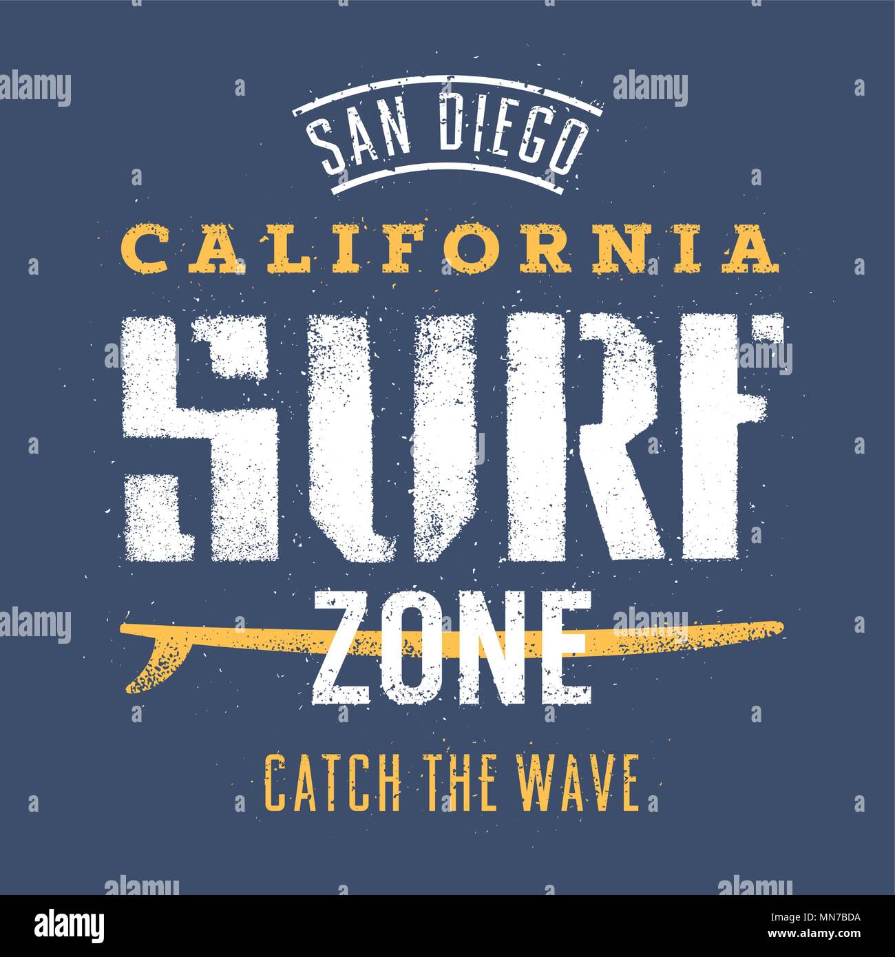Surfing artwork. San Diego California Surf zone. Catch the wave. T shirt graphics Stock Vector
