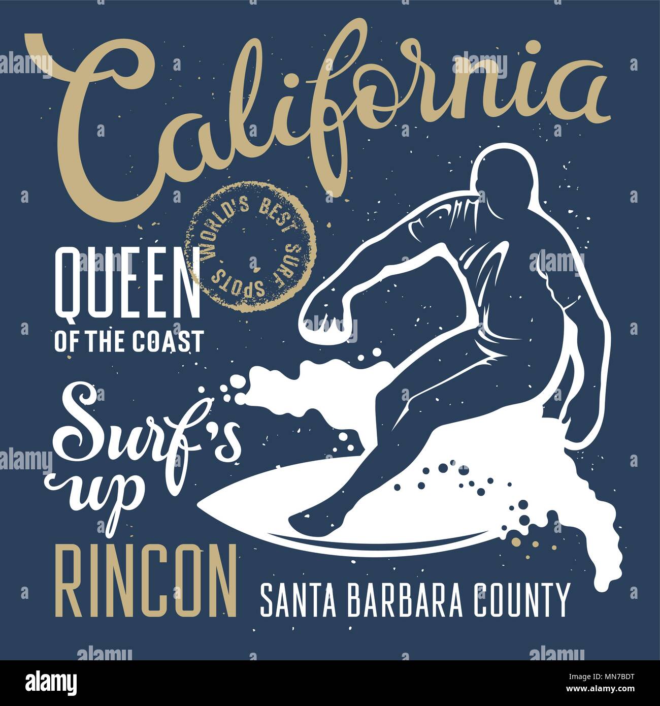 Surfing artwork. Surf's up. Rincon California. T-shirt apparel print graphics. Original graphics Tee Stock Vector