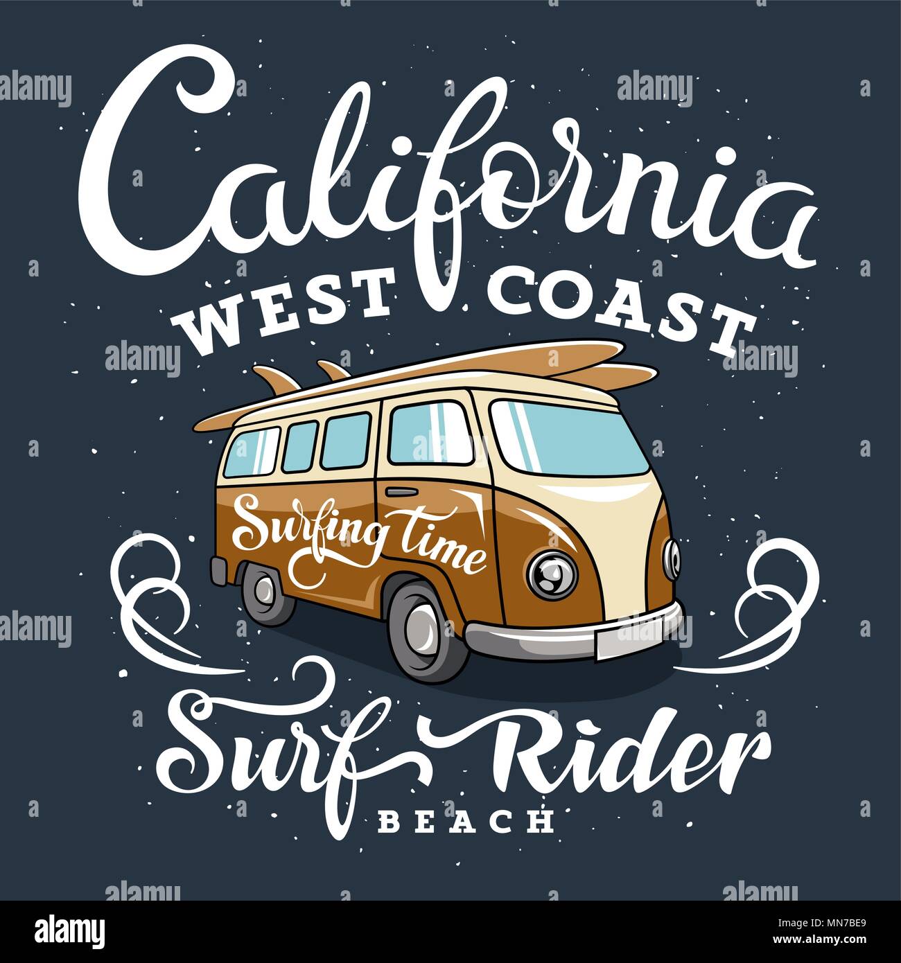 Surfing artwork with a hippie van. California West Coast. Surfrider beach. T-shirt apparel print graphics. Original graphic Tee Stock Vector