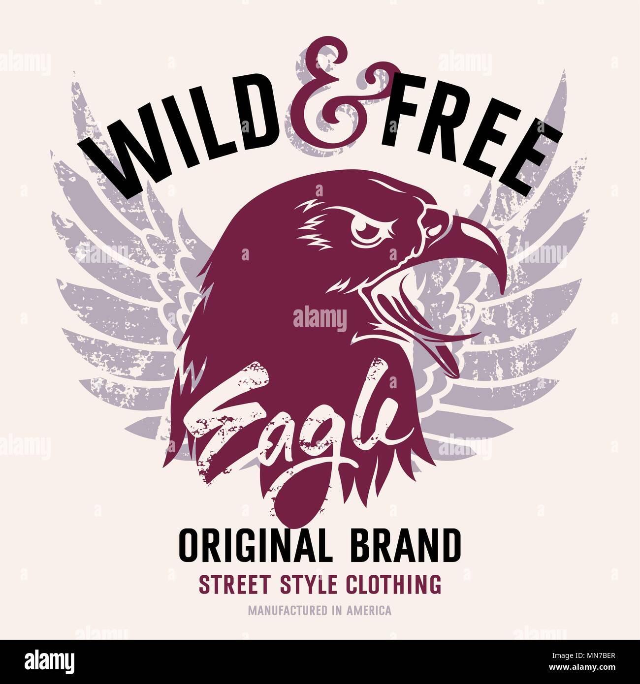 Lettering 'Wild and Free' and American eagle head. This illustration can be used as a print on T-shirts and other clothes Stock Vector